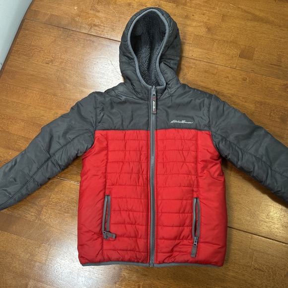 Eddie Bauer Reversible Puffer Fleece Jacket Kids Size XS Red Gray Hooded - Picture 1 of 16